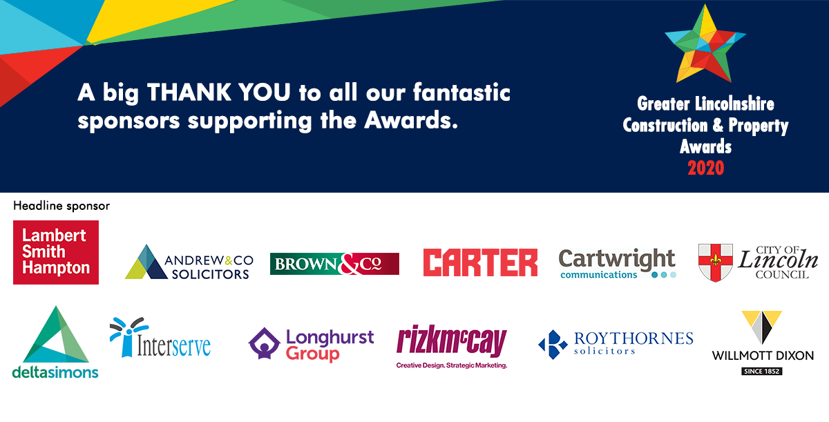 Greater Lincolnshire Construction and Property Awards banner thanking sponsors, with logos