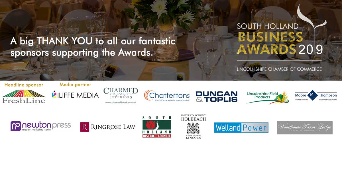 South Holland Business Awards 2019 logo on picture of table laid for awards ceremony and text thanking the sponsors, with logos
