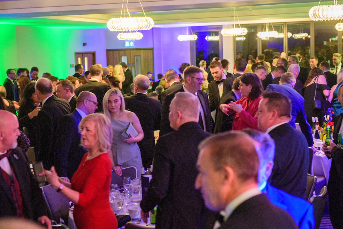 Group of people in eveningwear standing and talking at The Greater Lincolnshire Construction and Property Awards 2020