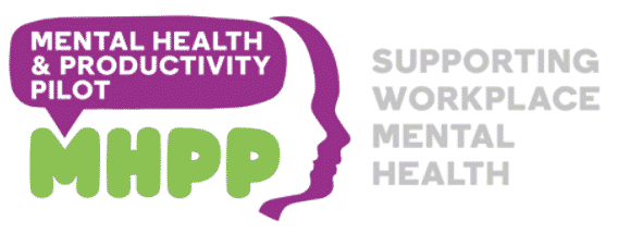 Picture of a purple and green logo, Mental Health & Productivity Pilot, MHPP