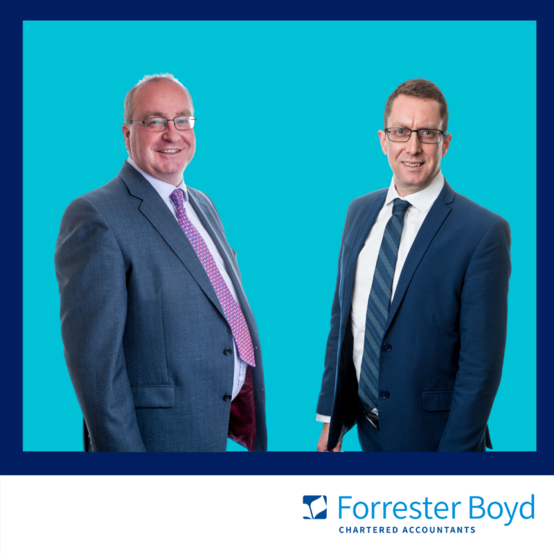 Two men in suits, ties and glasses on blue background with Forrester Boyd logo