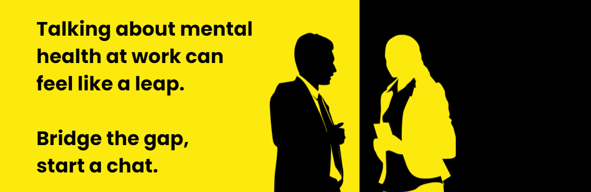 Yellow and black banner depicting two people talking and black text about a mental health campaign