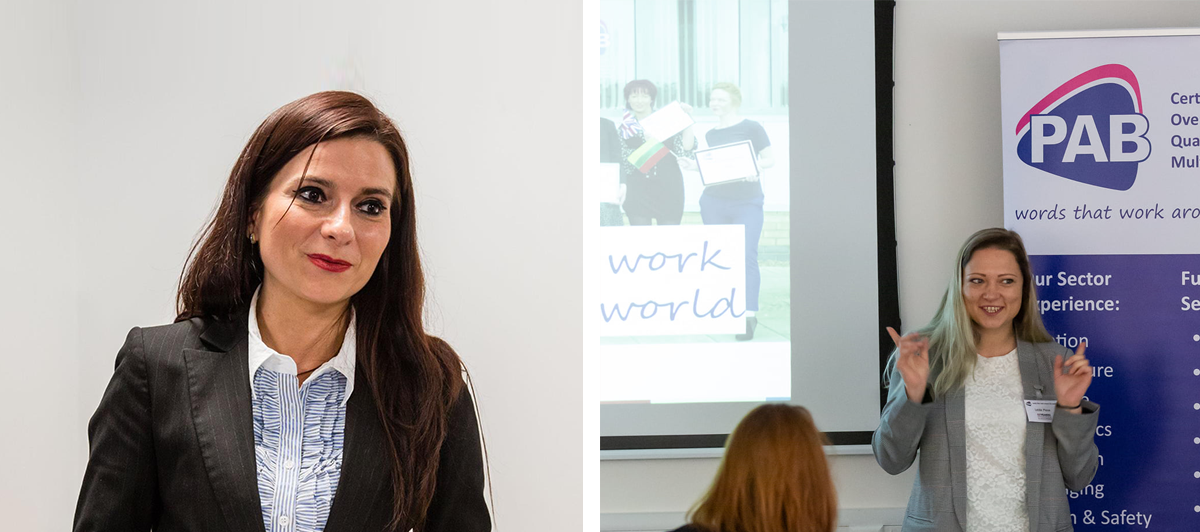 Collage of two women, the first is Monika Przybyszewska who has long brown hair and wearing a black jacket with shirt, and the person on the right is Lelde Plesa, presenting in front of people with a PAB Languages banner