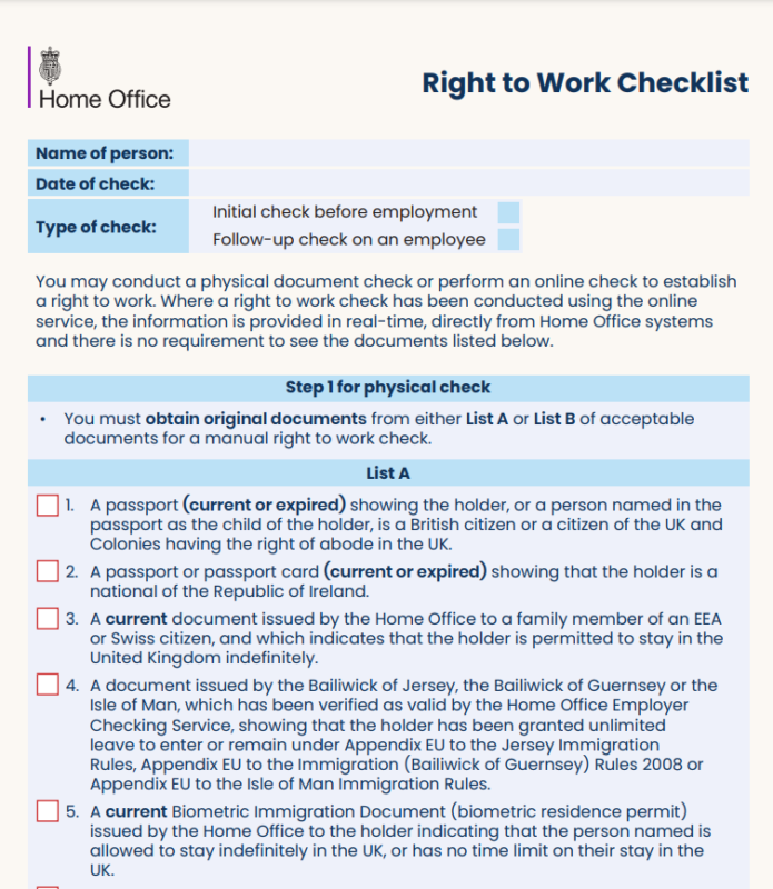 Screenshot of the Right to Work Checklist from the Home Office to use for new workers that are not British