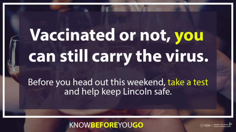 Text on a picture background. Text reads: Vaccinated or not you can still carry the virus