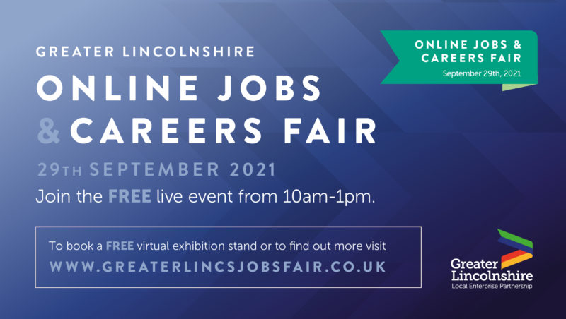 Dark blue gradient background with white text information about the Online Jobs and Careers Fair on 29th September 2021 and GReater Lincolnshire LEP logo
