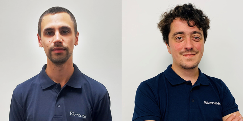 Collage of two men in blue Bluecube branded shirts. 