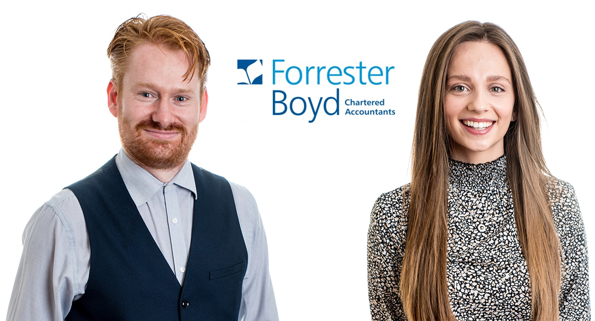 Amelia Jacklin and James Sykes of Forrester Boyd, a young man with black waistcoast and blue shirt and a woman with long brunette hair and grey top