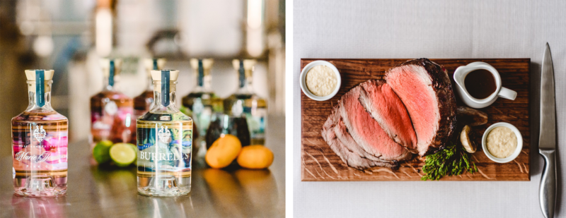 Collage of two pictures - on the left bottles of gin by Massingberd-Mundy and on the right a slab of cut beef with knife on cutting board