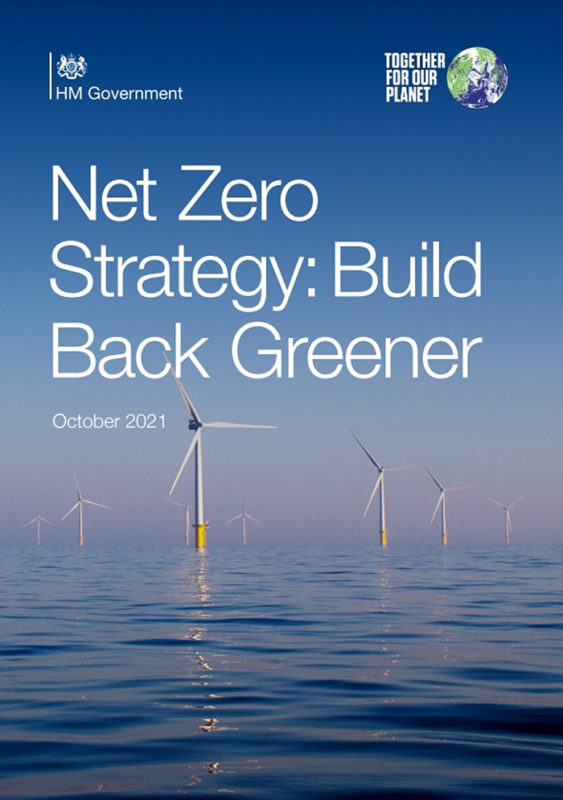 Blue sky with white wind turbines white text Net zero Strategy Build Back Greener with government and COP26 logos