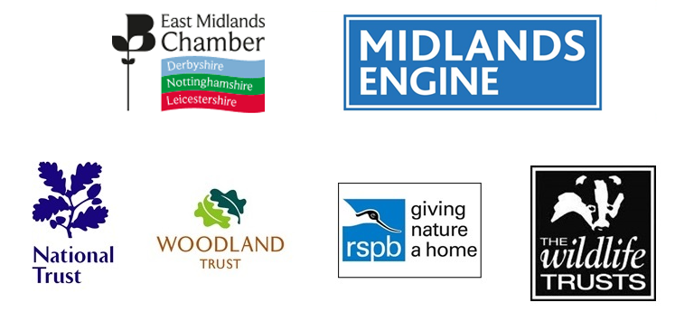 Logos of East Midlands Chamber, Midlands Engine, National Trust, Woodland Trust, RSPB and Wildlife Trusts