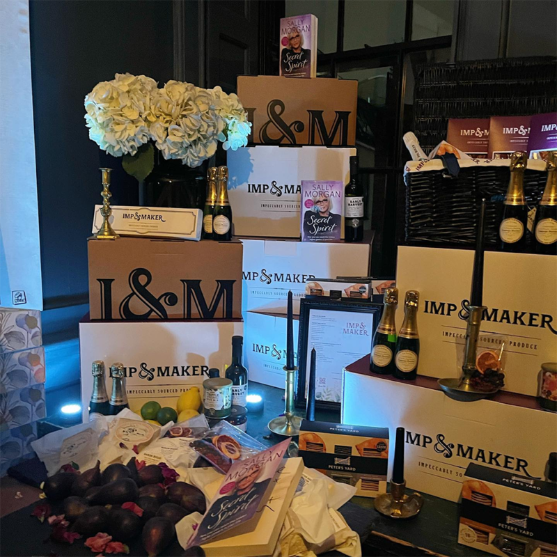 Luxury hamper and boxes with IMP & MAKER branding set up with Sally Morgan's new book