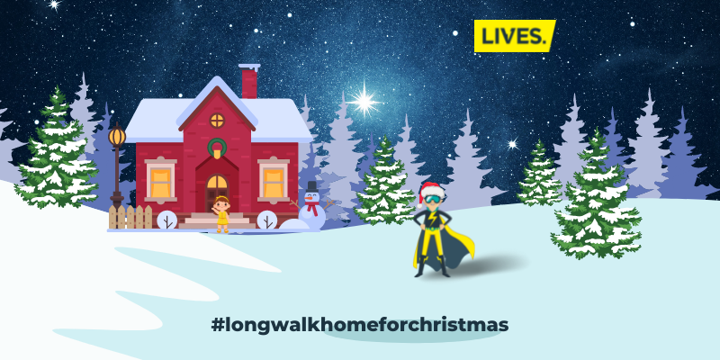 Illustration of a house in winter landscape with Christmas trees, with LIVES logo and text #longwallhomeforChristmas