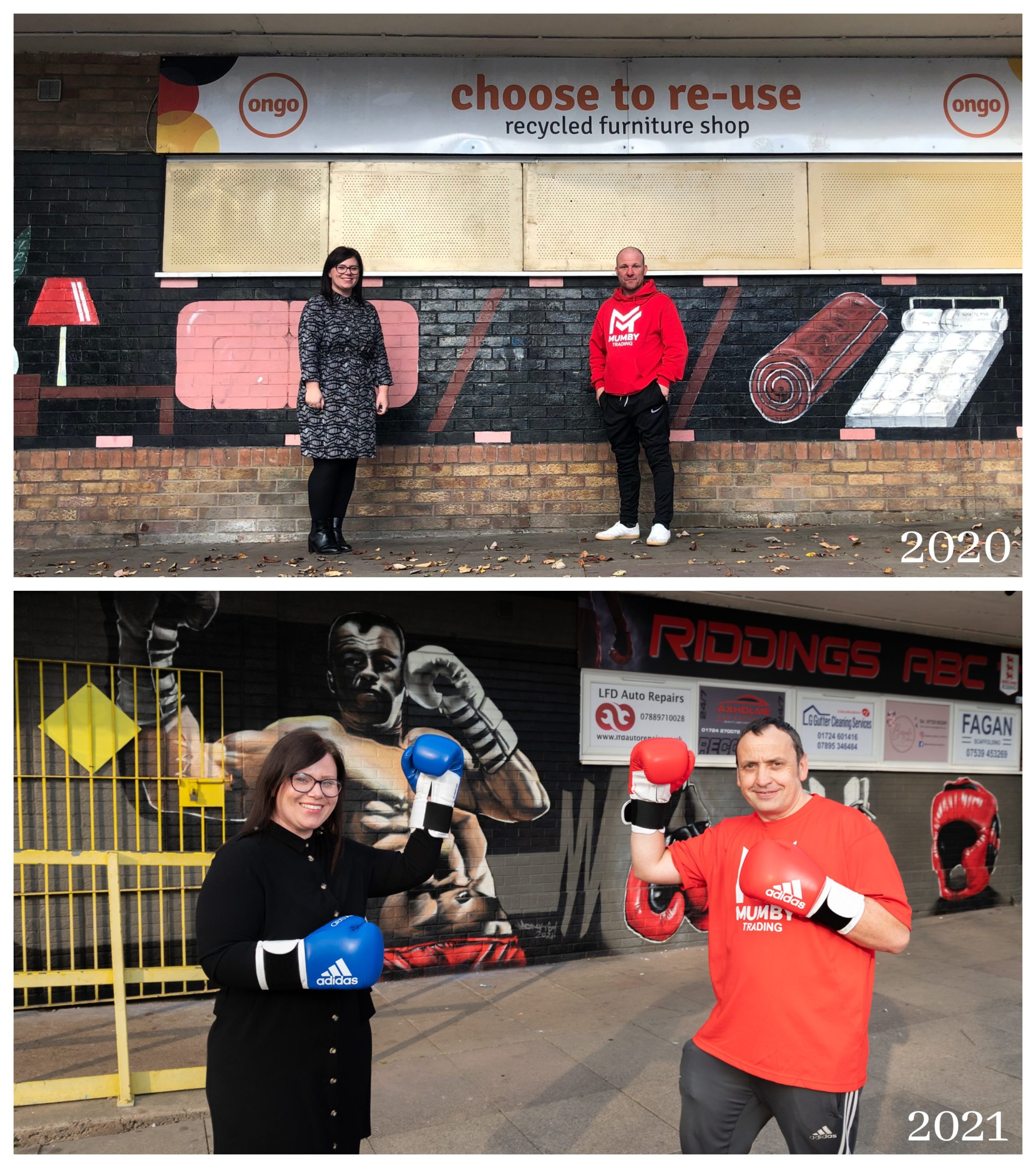 Man and woman posing in and outside boxing club