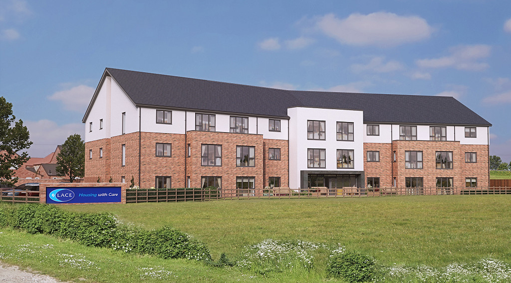 Exterior 3D rendering of a newbuild block of apartments with LACE Housing sign outside