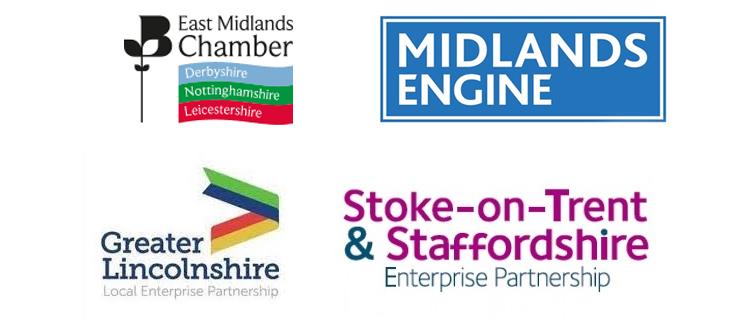 Logos of East Midlands Chamber of Commerce, Midlands Engine, Greater Lincolnshire LEP and Stone-on-Trent & Staffordshire Chamber