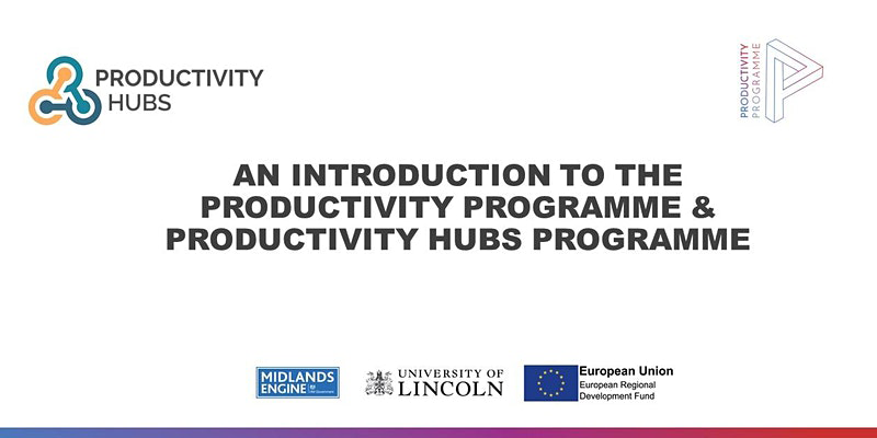 White background with black text 'An Introduction to the Productivity Programme and Productivity Hubs' with logos of the two organisations, as well and Midlands Engine, University of Lincoln and ERDF