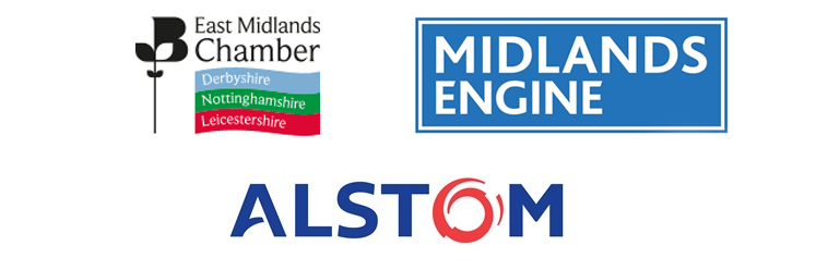 Logos of East Midlands Chamber of Commerce, Midlands Engine and Alstom