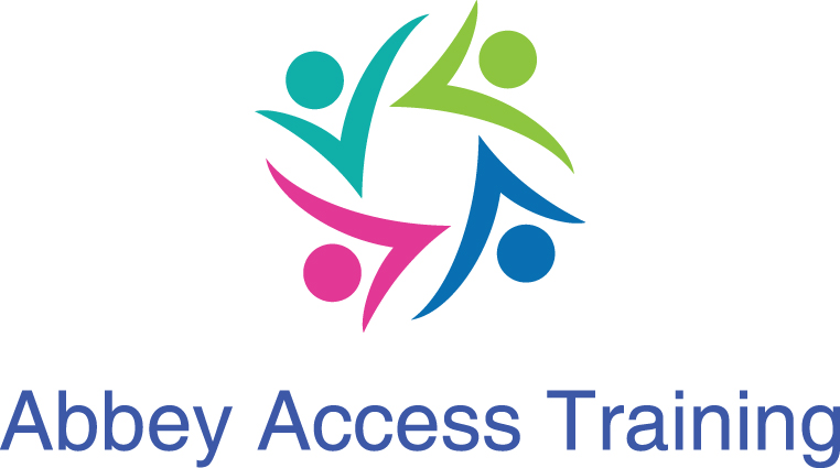 Abbey Access Training logo in greens, pink, blue on white background