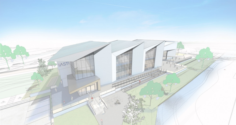 Architectural drawing of aerial view of proposed IASTI Newark premises - modern geometric building with large glass windows