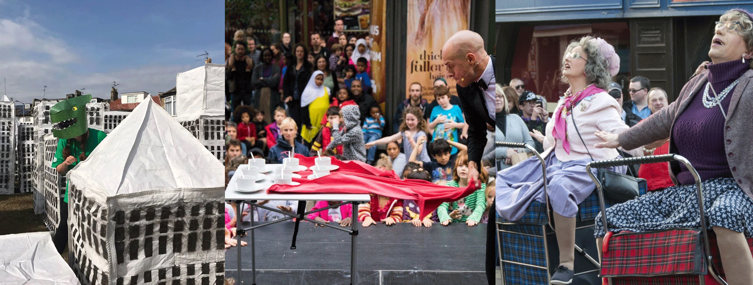 Collage of three pictures - the first showing a person dressed in Godzilla mask and green T-shirt in a city made from white tarps, second image is a magician pulling red table cloth from under saucers and cups, and on the right two people dressed like old ladies