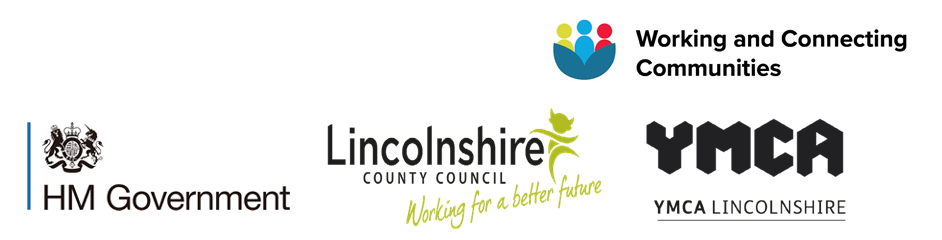 Logos of HM government, Lincolnshire county Council, YMCA Lincolnshire on white background