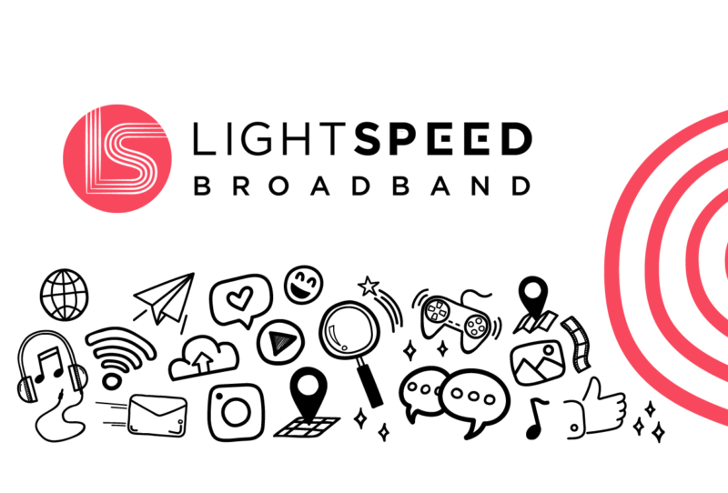 Black illustrations of things people can do with internet - emails, chat, video, etc, with red swirl illustration and LightSpeed Broadband logo in red and black on white background