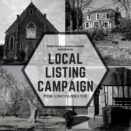 Black and white pictures of sights around Lincolnshire that have local and historical importance, including buildings, fields, parks, and more, with logo for Local Listing Campaign