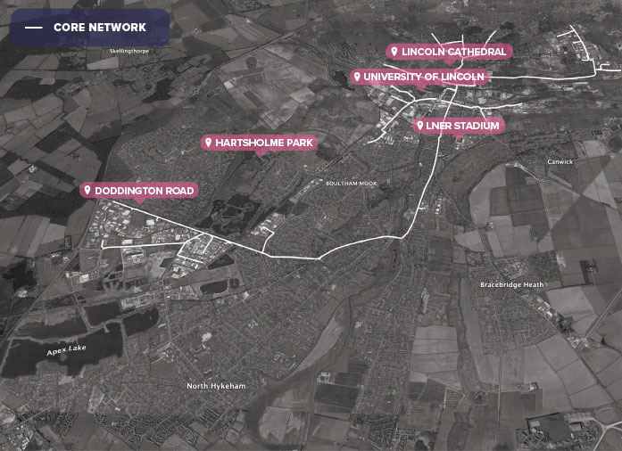 Black and white map of Lincoln in the UK with pink labels to indicate areas, and white line showing the new broadband lines