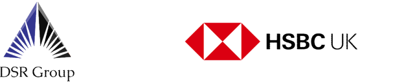 DSR Group logo in blue and black and HSBC UK logo in red and black, on transparent background