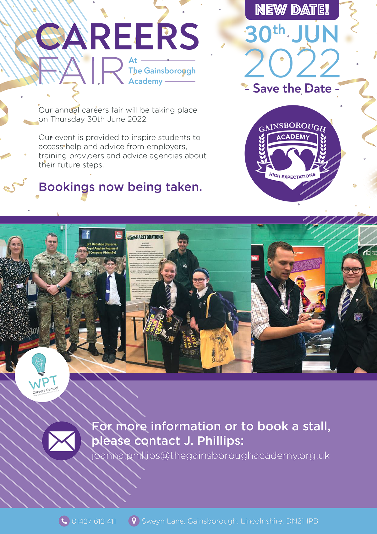 Flyer for Gainsborough Academy's Career Fair on 30th June 2022, with pictures of children in school uniform interacting with organisers exhibiting, and information about the event.