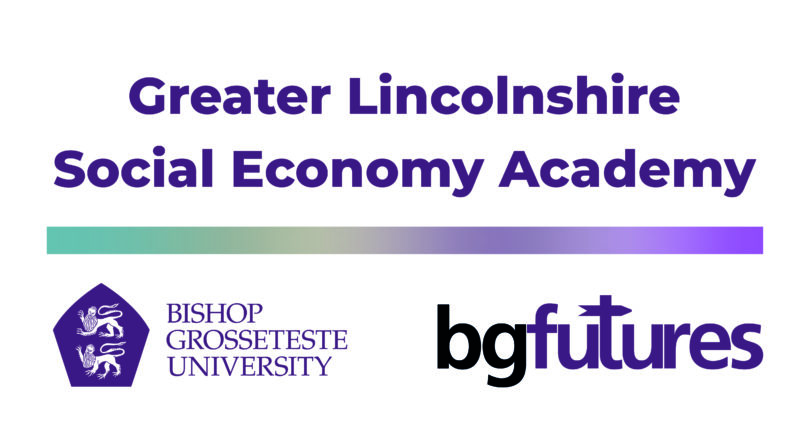 Purple text "Greater Lincolnshire Social Economy Academy" with gradient colours and logos for Bishop Grosseteste University and BG Futures.