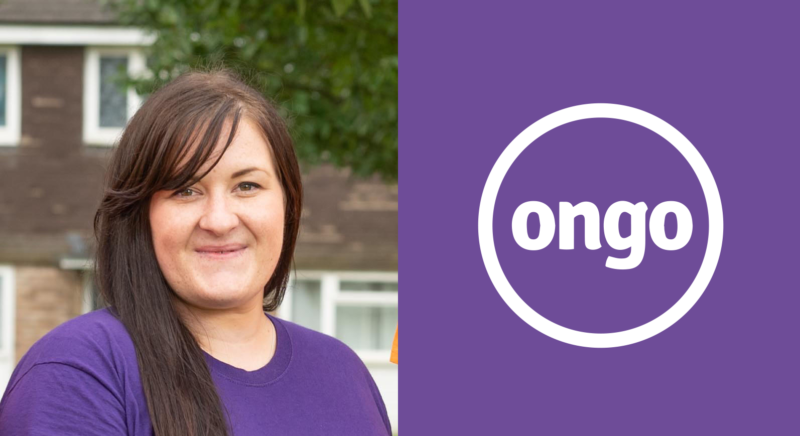Hayley Sleight from Ongo, a woman with long brown hair wearing a purple T-shirt and on the right a purple box with white Ongo logo.