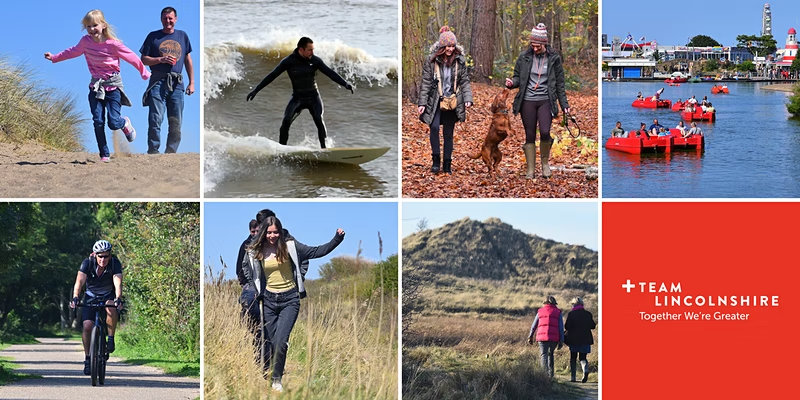 Collage of square pictures showing people partaking in activities, with one square red and white Team Lincolnshire logo.