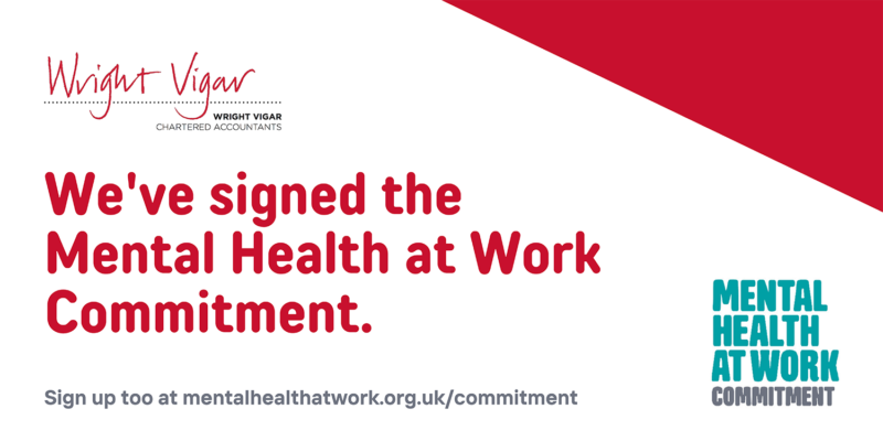 White background with red right top corner, Wright Vigar logo, and red text "we've signed the mental health at work commitment" and grey text "sign up too at mentalhealthatwork.org.uk/commitment" and Mental Health at Work commitment logo in green and grey.