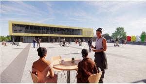 Two people sitting at a table. Behind them is a modern building. Clear sky.