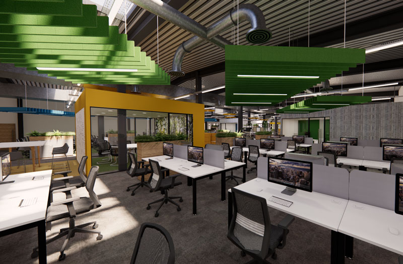 An animated image of an interior, modern looking office deign.