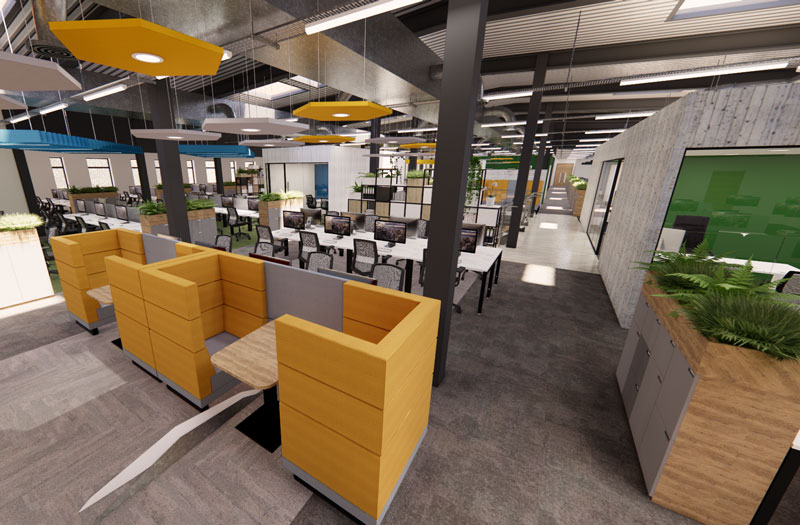 An animated image of an interior, modern looking office deign.