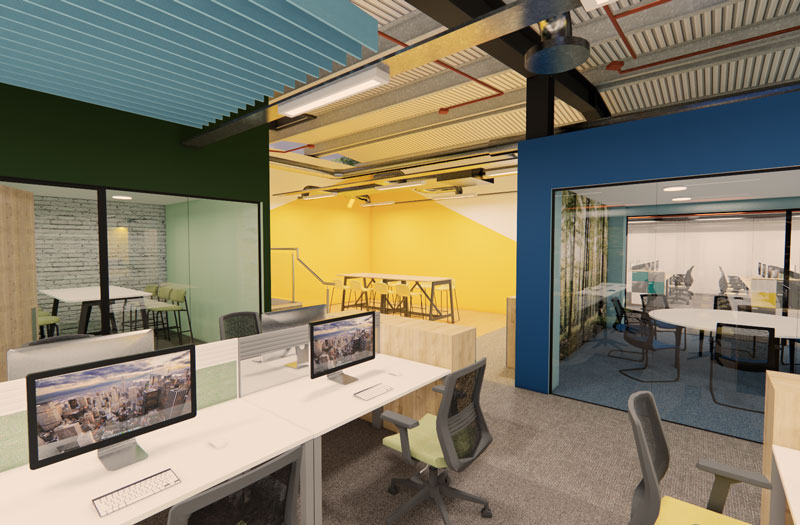 An animated image of an interior, modern looking office deign.